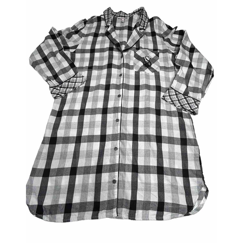 Victoria's Secret Women's Medium Nightgown Sleepshirt Plaid Gray Long Sleeve